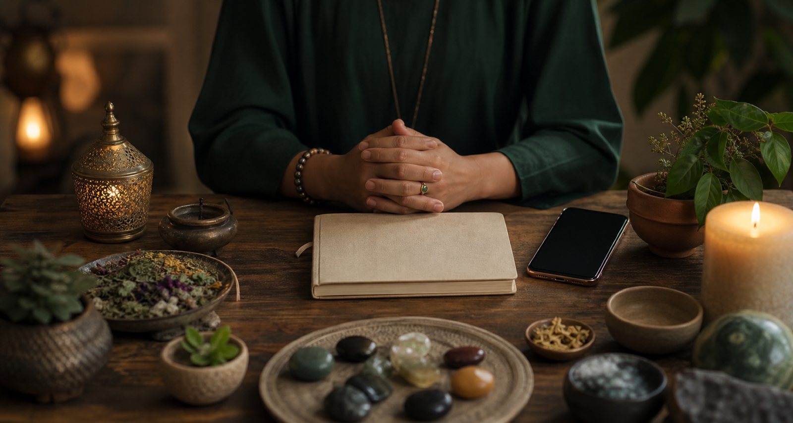 Private spiritual consultation table with herbs, candle, and phone
